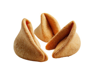 Three fortune cookies, light golden brown, delicate, triangular shape, slightly overlapping