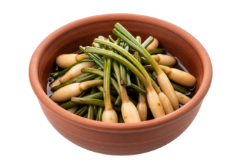 A terracotta bowl filled with pickled flower bulbs, showcasing vibrant green stems and pale, creamy-white bulbs, bathed in a rich dark marinade.