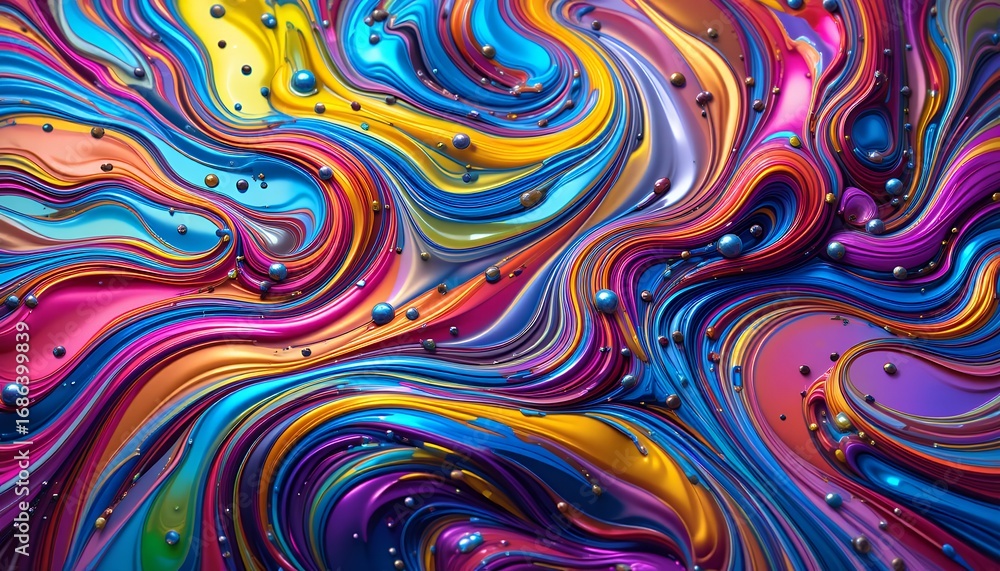 Poster vibrant multicolored swirling liquid textures with small glossy beads creating fluid dynamic