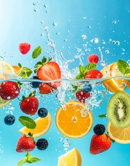 Colorful Fruit Splash: A Vibrant Display of Freshness and Hydration, Fresh Fruit in Sparkling Water: A Refreshing and Invigorating Image