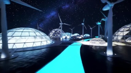 Futuristic glowing cityscape with geodesic domes and wind turbines under starry night sky - Powered by Adobe