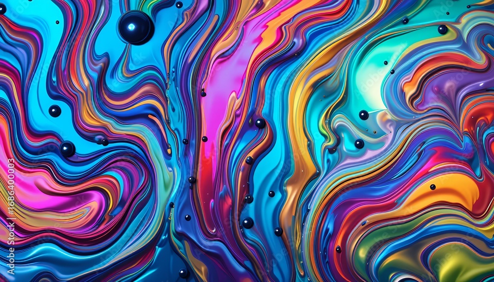 Poster vibrant swirling liquid colors blending in a dynamic abstract pattern with droplets