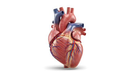 Realistic 3d rendering of the human heart, showing chambers, valves, and major blood vessels, isolated on white background