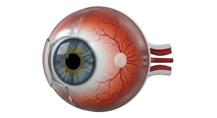 Detailed crosssection of the human eye, illustrating the cornea, iris, pupil, lens, and retina, isolated on white background