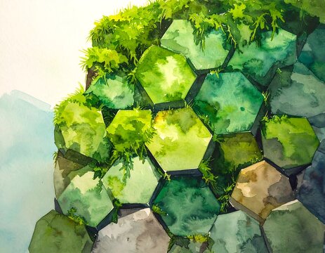 Watercolor painting of hexagonal basalt columns