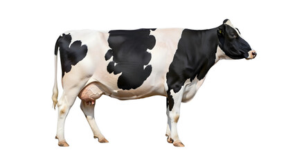 Isolated black and white holstein cow standing side view dairy farm animal cattle livestock agriculture 100 on transparent background