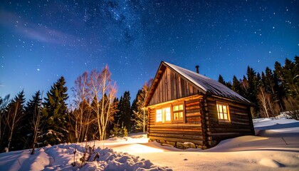 Cozy log cabin under starry night sky
