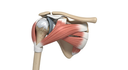 Anatomical illustration of the human shoulder joint and surrounding muscles, isolated on white background
