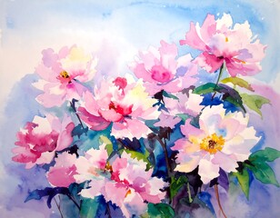 Watercolor painting of peonies in soft pinks and purples
