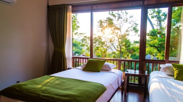 Sunlit twin beds face nature through a large window