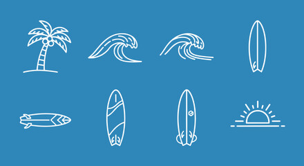 A collection of white line art icons representing summer and beach activities on a blue background.