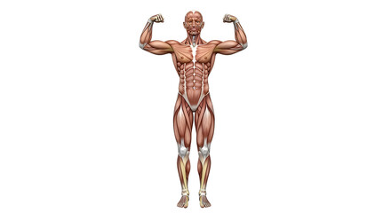 Anatomical depiction of the muscular system of a standing human male, isolated on white background