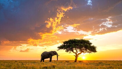 Fototapeta premium A majestic elephant standing beside a solitary tree on the savannah at sunset, under a dramatic sky with vibrant orange clouds.