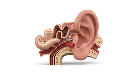 Crosssection anatomical illustration of the human ear isolated on white background