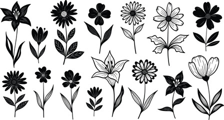 Black and white botanical vector set of eighteen stylized floral illustrations with varied petal shapes, leaf forms, and stem designs