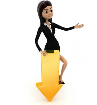 3d woman down golden arrow to represent download concept
