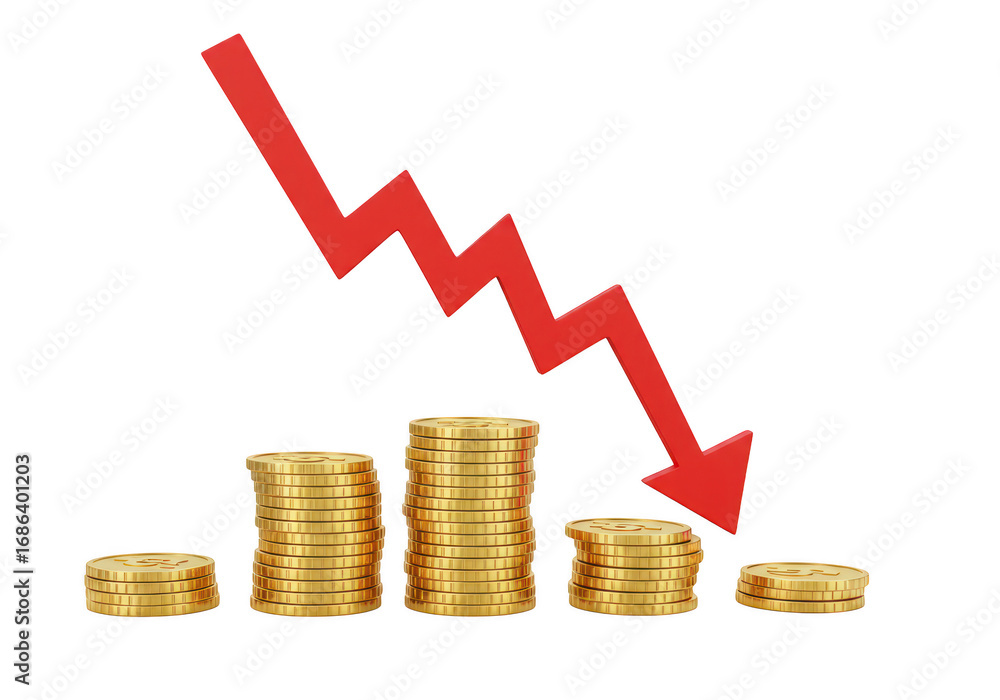 Poster stack of coins with a downward trend isolated on transparent background