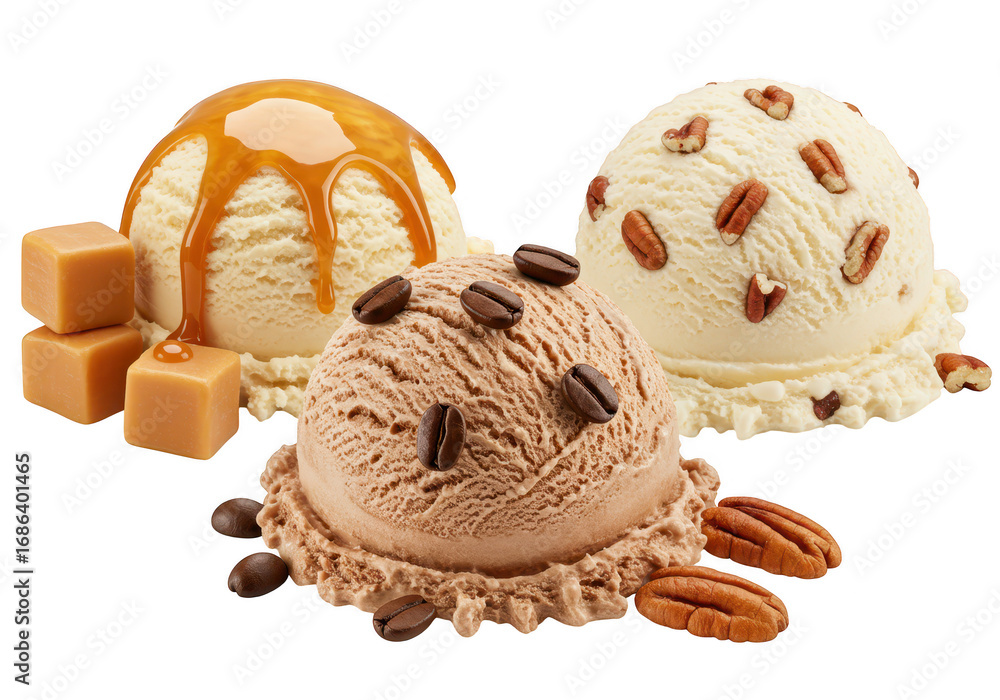 Poster three scoops of ice cream with toppings isolated on transparent background