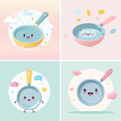 Frying pan playful pastel cartoon collection, cute vector characters, soft vibrant design.