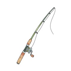 A simple illustration of a fishing rod, featuring a reel and line, symbolizing leisure and outdoor activities.