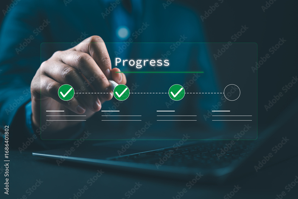 Poster digital checklist and task management concept. businessman using laptop for progress tracking. in a 