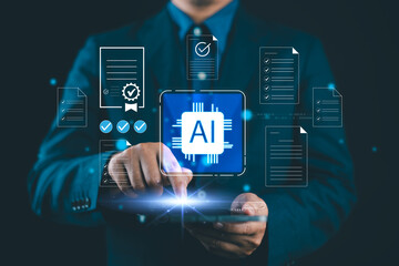 AI technology for document verification and task checklist approval automation. Business interface, representing smart workflow, data control, decision making efficiency and task tracking.