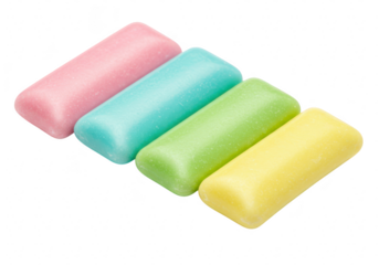 Four colorful pieces of chewing gum isolated on transparent background