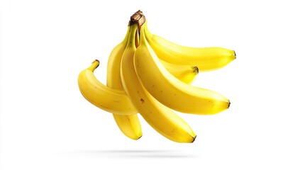 Bunch of ripe bananas in mid-air against a white background.  A cluster of yellow bananas, slightly curved, appear to be floating.  Visible stem and natural blemishes are present