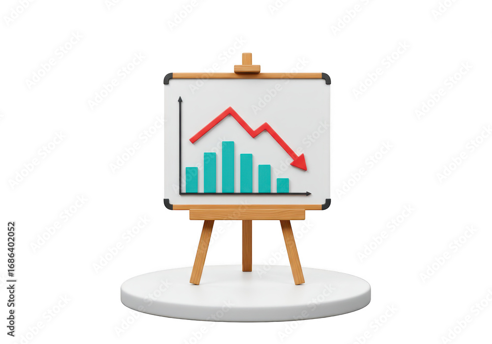 Poster 3d rendering of a declining business graph on a whiteboard easel isolated on transparent background