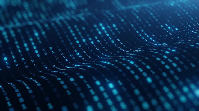 Futuristic 3D binary code background with glowing blue digits flowing in digital waves, perfect for technology, data analysis, and cybersecurity-related design concepts. - Powered by Adobe