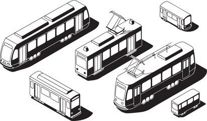 Isometric Tram Collection Vector Illustration Public Transit System City Travel