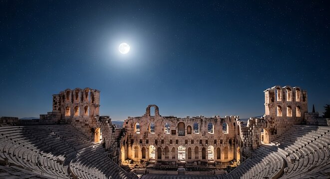 Iconic Odeon of Herodes Atticus in Athens at Night with Full Moon, Ancient Roman Greek Amphitheater Ruins Illuminated