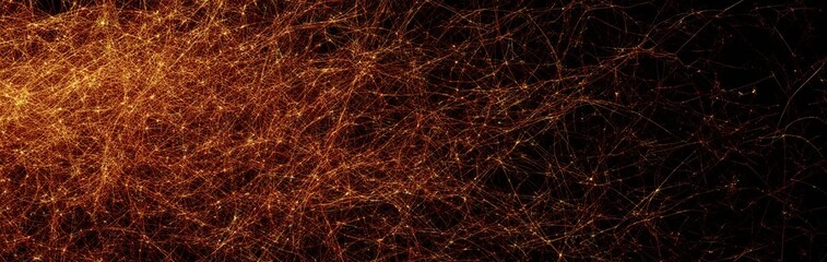 Glowing orange neural network on a black background, a banner for complex data systems.
