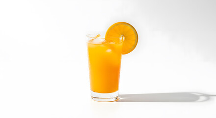 Glass of fresh orange juice with ice and a slice on a white background