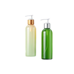 Two cosmetic pump bottles one light colored and one green isolated on transparent background