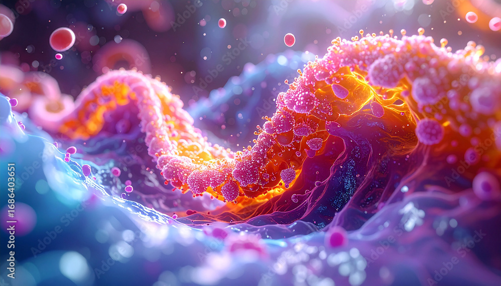 Poster microscopic universe: a vibrant, artistic representation of biological elements, showcasing a kaleid