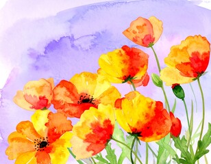Watercolor poppy blossoms on a light purple background