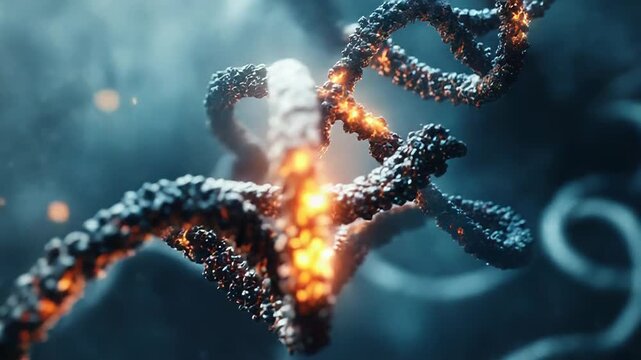Dna helix burning in vivid orange flames, genetic mutation or destruction