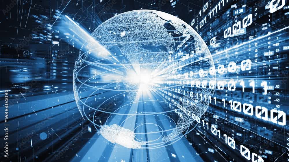Poster futuristic global network and tacit digital data transfer 3d graphic . concept of smart digital tran