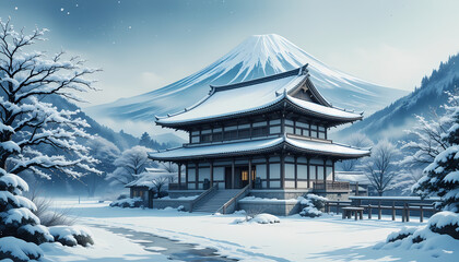 A traditional Japanese temple stands in a snow-covered landscape with Mount Fuji prominently displayed in the background.