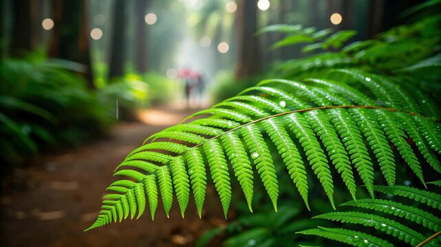 Lush fern leaf forest path, nature green plant moisture detail, soft bokeh morning light, serene mood, wind energy in remote area