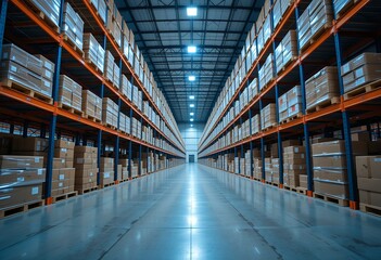 Fototapeta premium large organized warehouse interior with neatly stacked boxes and metal shelving extending in vast