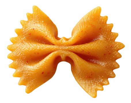 Close-up of a single bow-tie pasta, vibrant orange-yellow hue, detailed texture,  slightly speckled with red