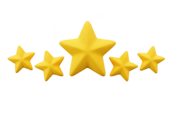 Five yellow stars in a row isolated on transparent background