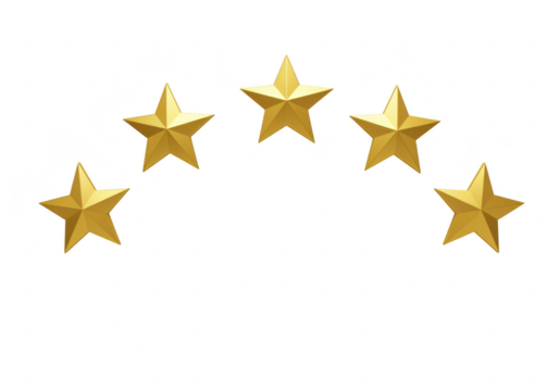 Five golden stars arranged in an arc isolated on transparent background