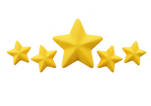 Five yellow stars in a row isolated on transparent background