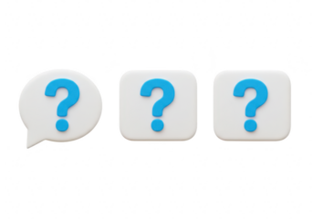 Three question marks in speech bubble and boxes, isolated on transparent background