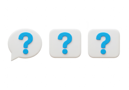 Three question marks in speech bubble and boxes, isolated on transparent background