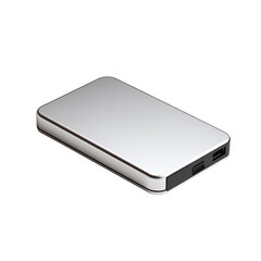 Fototapeta premium A light gray rectangular portable battery pack, angled slightly. It has rounded edges and a USB port on one side