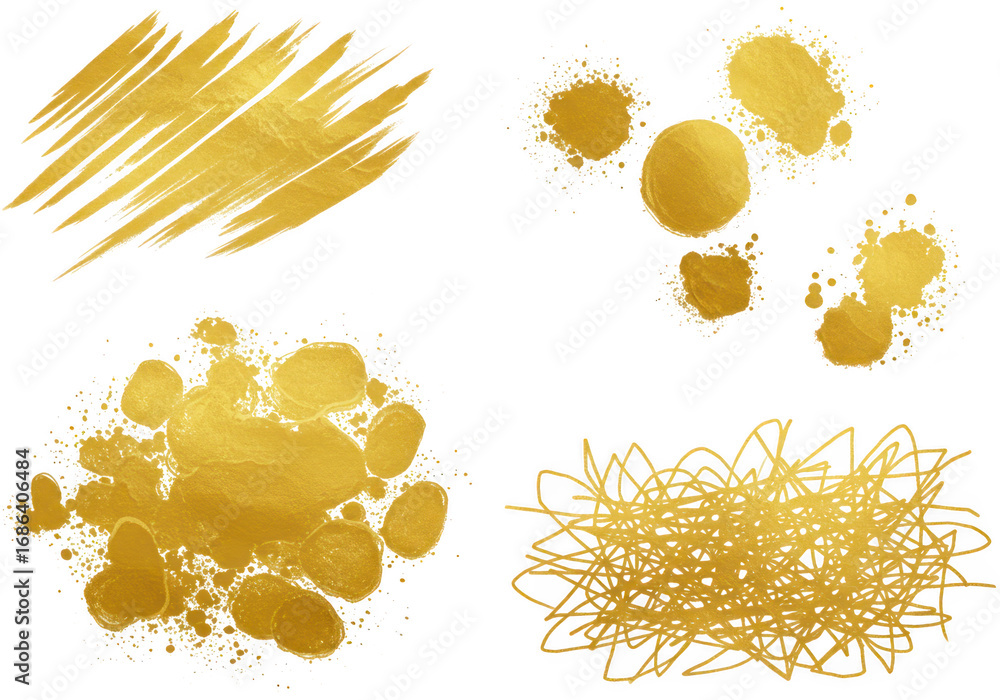 Poster set of golden abstract brush strokes isolated on transparent background